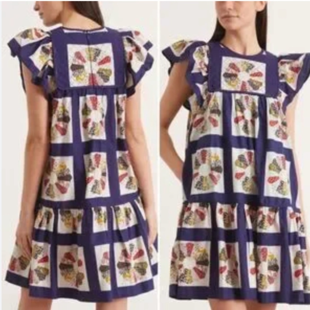 NWT Sea New York Quilt Patchwork Pippin Flutter Sleeve Mini Tunic Dress, XS